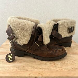Ralph Lauren Brown Leather Shearling Boots | Cozy Winter Buckle Boots Size 7